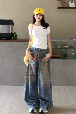 Graffiti Painted Wide Leg Jeans for Women - Summer Straight Leg Floor-Length Pants with Little Bear Chain Design
