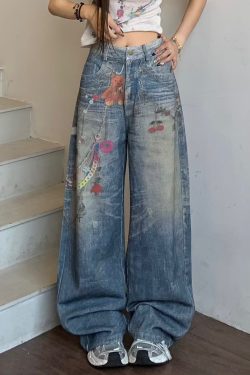 Graffiti Painted Wide Leg Jeans for Women - Summer Straight Leg Floor-Length Pants with Little Bear Chain Design