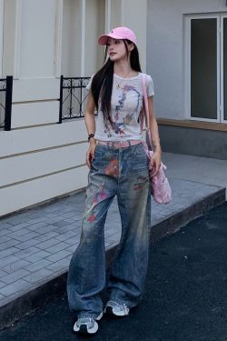 Graffiti Painted Wide Leg Jeans for Women - Summer Straight Leg Floor-Length Pants with Little Bear Chain Design