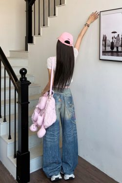 Graffiti Painted Wide Leg Jeans for Women - Summer Straight Leg Floor-Length Pants with Little Bear Chain Design