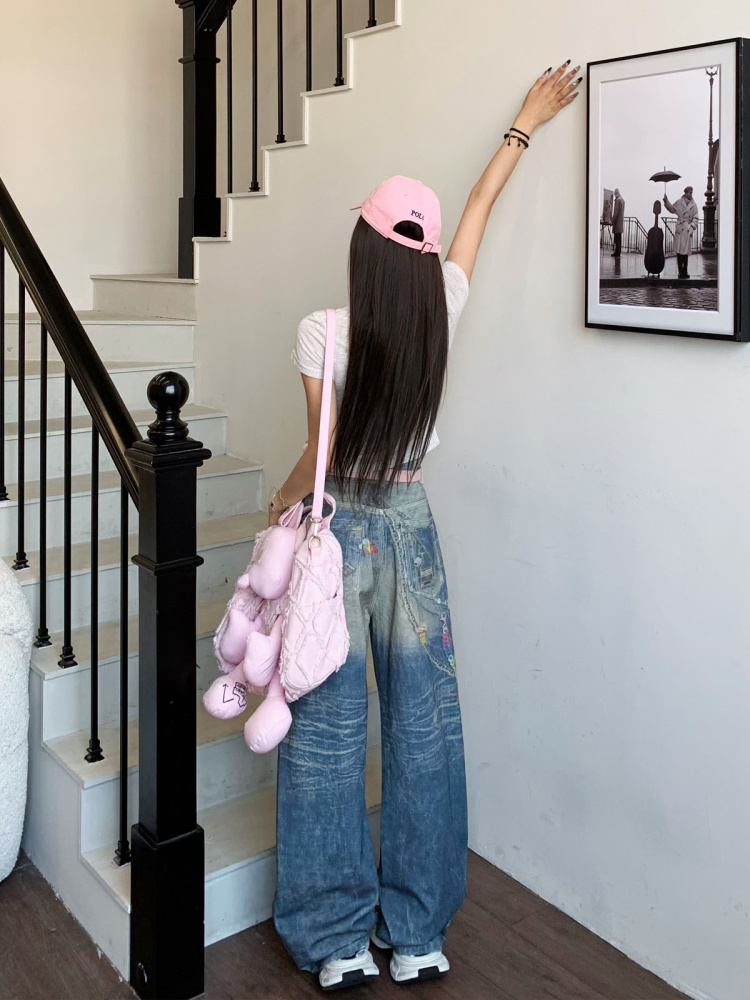 Graffiti Painted Wide Leg Jeans for Women - Summer Straight Leg Floor-Length Pants with Little Bear Chain Design Graffiti Painted Wide Leg Jeans for Women - Summer Straight Leg Floor-Length Pants with Little Bear Chain Design