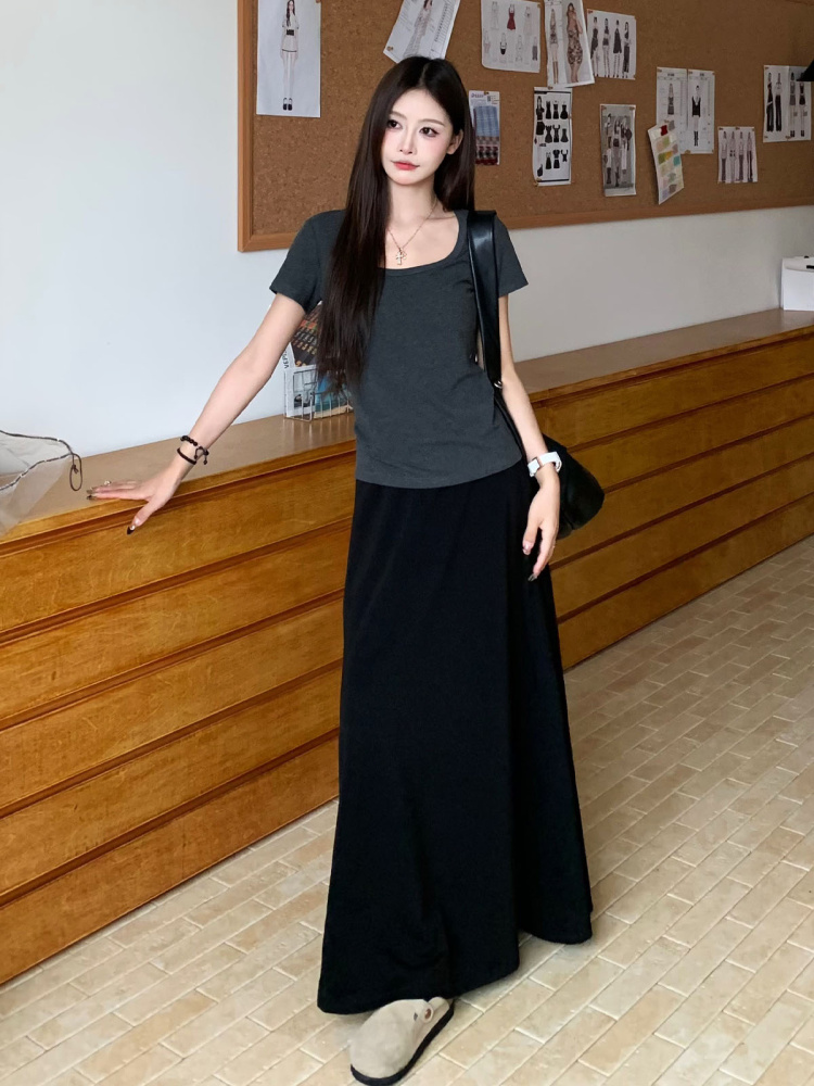 Gray Square Neck Short Sleeve T-Shirt for Women - Summer Loose Slim Fit Top - Casual Y2K Style Hot Girl Tee Gray Square Neck Short Sleeve T-Shirt for Women - Summer Loose Slim Fit Top - Casual Y2K Style Hot Girl Tee