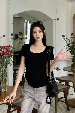 Gray Square Neck Short Sleeve T-Shirt for Women - Summer Loose Slim Fit Top - Casual Y2K Style Hot Girl Tee