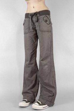 Gray Vintage Low-Waist Tied Straight-Leg Cargo Pants for Women, Versatile Slimming Design, Floor-Length Y2K Dance Pants