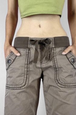 Gray Vintage Low-Waist Tied Straight-Leg Cargo Pants for Women, Versatile Slimming Design, Floor-Length Y2K Dance Pants