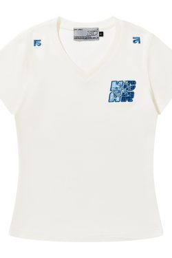 Guava Series Fun Little Embroidered Stretch Slim Fit V-Neck Short Sleeve T-Shirt for Women - Y2K Inspired Fashion Top