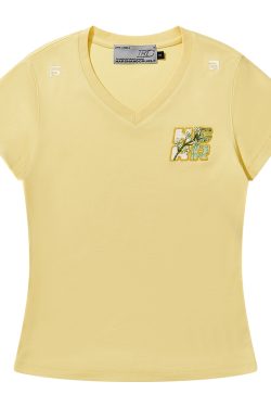 Guava Series Fun Little Embroidered Stretch Slim Fit V-Neck Short Sleeve T-Shirt for Women - Y2K Inspired Fashion Top