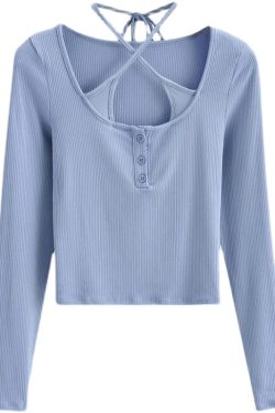Halter Tie Solid Color Long Sleeve T-Shirt Top - Sexy Fake Two-Piece Design for Early Autumn, European & American Style