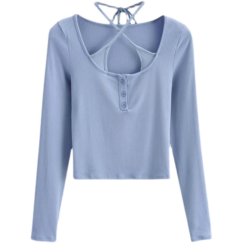 Halter Tie Solid Color Long Sleeve T-Shirt Top - Sexy Fake Two-Piece Design for Early Autumn, European & American Style Halter Tie Solid Color Long Sleeve T-Shirt Top - Sexy Fake Two-Piece Design for Early Autumn, European & American Style