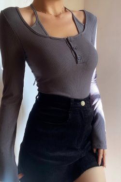 Halter Tie Solid Color Long Sleeve T-Shirt Top - Sexy Fake Two-Piece Design for Early Autumn, European & American Style
