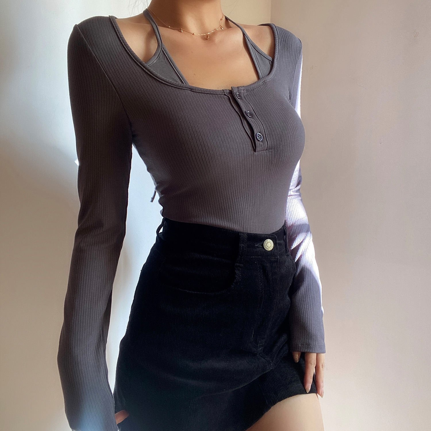 Halter Tie Solid Color Long Sleeve T-Shirt Top - Sexy Fake Two-Piece Design for Early Autumn, European & American Style Halter Tie Solid Color Long Sleeve T-Shirt Top - Sexy Fake Two-Piece Design for Early Autumn, European & American Style