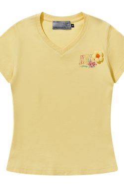 Hand-Drawn 3D Yarn Flower Elastic Slim-Fit V-Neck Short Sleeve T-Shirt for Women - Trendy Floral Design, Perfect for Everyday Wear