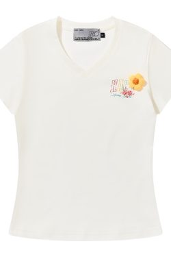 Hand-Drawn 3D Yarn Flower Elastic Slim-Fit V-Neck Short Sleeve T-Shirt for Women - Trendy Floral Design, Perfect for Everyday Wear