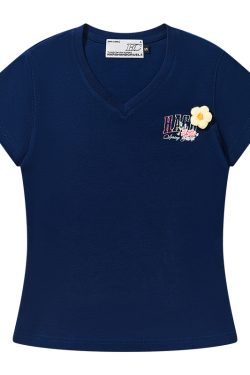 Hand-Drawn 3D Yarn Flower Elastic Slim-Fit V-Neck Short Sleeve T-Shirt for Women - Trendy Floral Design, Perfect for Everyday Wear