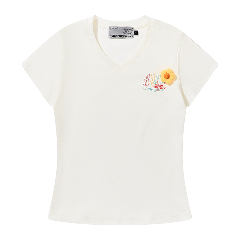 Hand-Drawn 3D Yarn Flower Elastic Slim-Fit V-Neck Short Sleeve T-Shirt for Women - Trendy Floral Design, Perfect for Everyday Wear Hand-Drawn 3D Yarn Flower Elastic Slim-Fit V-Neck Short Sleeve T-Shirt for Women - Trendy Floral Design, Perfect for Everyday Wear