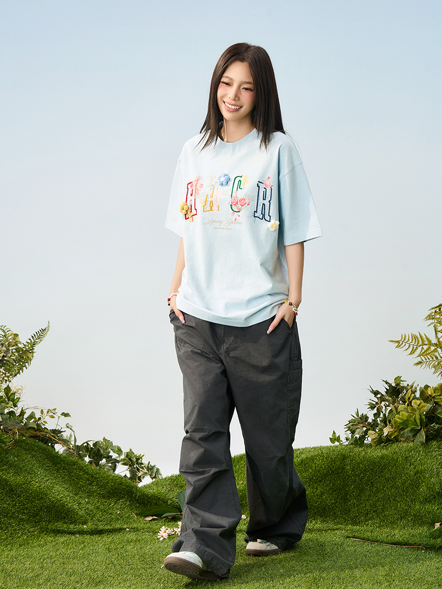 Hand-Drawn 3D Yarn Flower Loose Round Neck Short Sleeve T-Shirt for Kids, Men & Women - Trendy Casual Wear, Unisex Fashion Hand-Drawn 3D Yarn Flower Loose Round Neck Short Sleeve T-Shirt for Kids, Men & Women - Trendy Casual Wear, Unisex Fashion