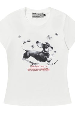 Hand-Drawn Small Dog Graphic T-Shirt for Women - Elastic Slim Fit Round Neck Short Sleeve - Cute Casual Style