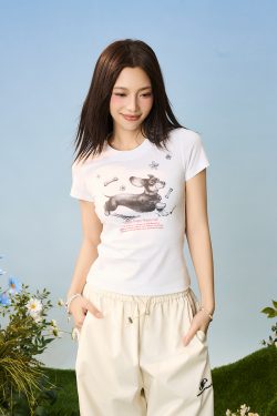 Hand-Drawn Small Dog Graphic T-Shirt for Women - Elastic Slim Fit Round Neck Short Sleeve - Cute Casual Style