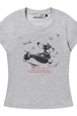 Hand-Drawn Small Dog Graphic T-Shirt for Women - Elastic Slim Fit Round Neck Short Sleeve - Cute Casual Style