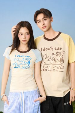 Hand-Painted Cute Dog Couple Loose Raglan Short Sleeve T-Shirt for Men and Women - Y2K Aesthetic Fashion Tee