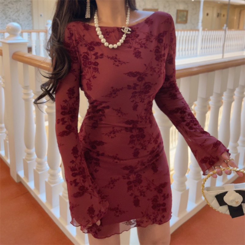 Handmade 2025 Spring Australia Super Slimming Mesh Bell Sleeve Bodycon Dress - Sexy Niche Design for 90s and Y2K Style Handmade 2025 Spring Australia Super Slimming Mesh Bell Sleeve Bodycon Dress - Sexy Niche Design for 90s and Y2K Style