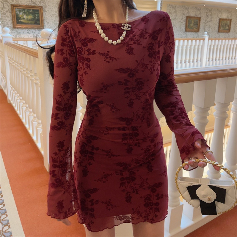 Handmade 2025 Spring Australia Super Slimming Mesh Bell Sleeve Bodycon Dress - Sexy Niche Design for 90s and Y2K Style Handmade 2025 Spring Australia Super Slimming Mesh Bell Sleeve Bodycon Dress - Sexy Niche Design for 90s and Y2K Style