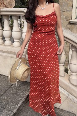 Handmade 2025 Spring/Summer French Polka Dot Ruffled Waist Slip Dress - Long Skirt Women's Vacation Fashion