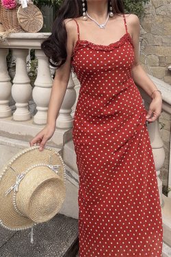 Handmade 2025 Spring/Summer French Polka Dot Ruffled Waist Slip Dress - Long Skirt Women's Vacation Fashion