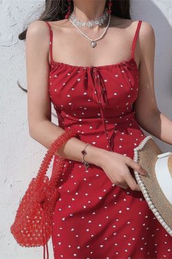 Handmade 2025 Spring/Summer Red Polka Dot French Square Neck Tie Bow Vacation Sling Dress for Women - Y2K Style