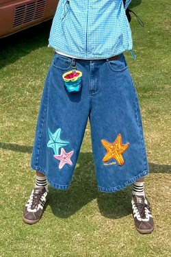 Handmade American Retro Star Embroidery Denim Capris - Summer Unisex Loose Straight Shorts for a Vintage 90s Look