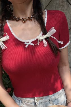 Handmade American Retro V-Neck Ruffled Bow Tie Cropped Short Sleeve T-Shirt for Spring and Summer Fashion