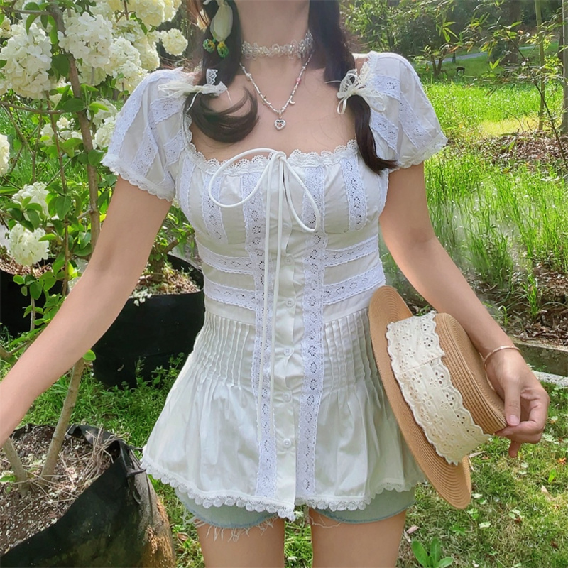 Handmade Australian Square-Neck Puff-Sleeve Lace Embroidered Vacation Shirt - Chic Long Waist Design Handmade Australian Square-Neck Puff-Sleeve Lace Embroidered Vacation Shirt - Chic Long Waist Design