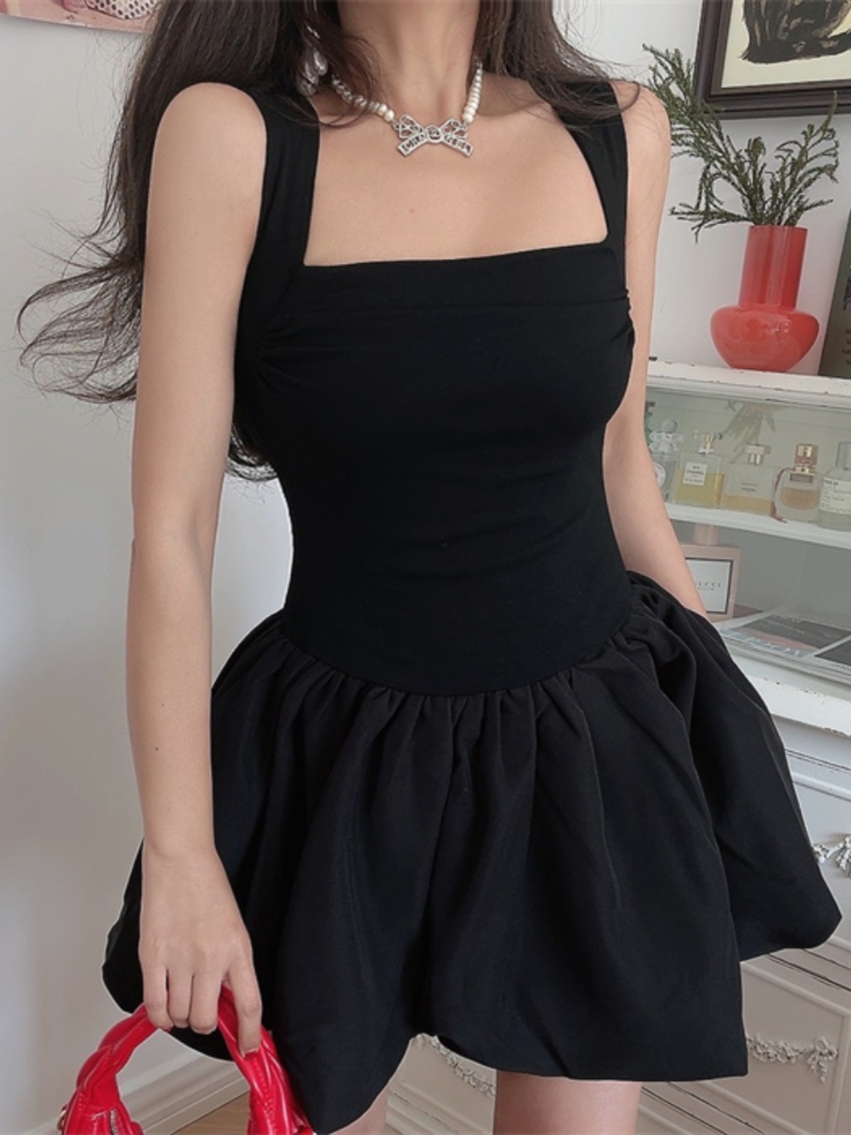 Handmade Black Slip Dress with Wide Shoulder Straps, Square Neckline, Waist-Cinching Design - Vacation Style, Slimming Fit Handmade Black Slip Dress with Wide Shoulder Straps, Square Neckline, Waist-Cinching Design - Vacation Style, Slimming Fit