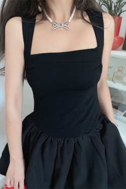 Handmade Black Slip Dress with Wide Shoulder Straps, Square Neckline, Waist-Cinching Design - Vacation Style, Slimming Fit