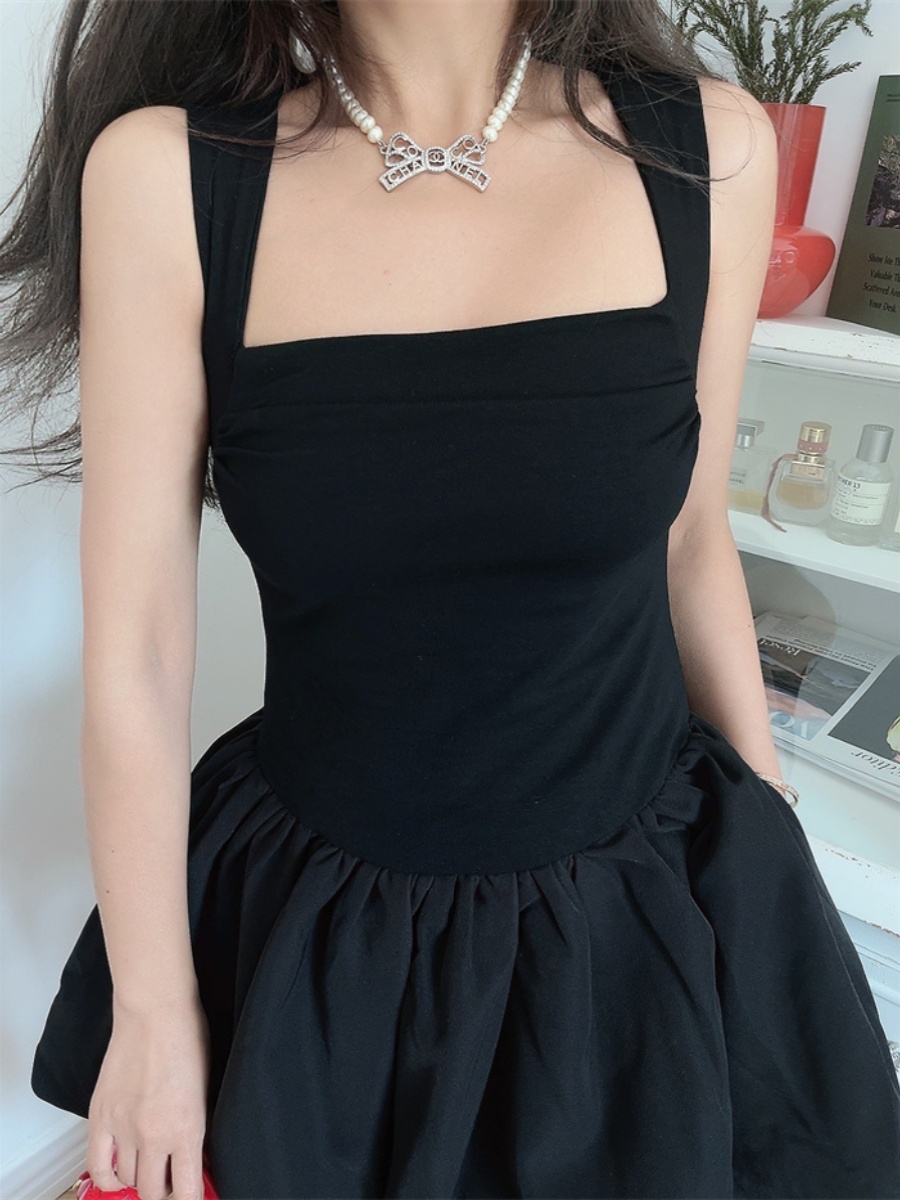 Handmade Black Slip Dress with Wide Shoulder Straps, Square Neckline, Waist-Cinching Design - Vacation Style, Slimming Fit Handmade Black Slip Dress with Wide Shoulder Straps, Square Neckline, Waist-Cinching Design - Vacation Style, Slimming Fit