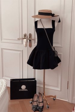 Handmade Black Slip Dress with Wide Shoulder Straps, Square Neckline, Waist-Cinching Design - Vacation Style, Slimming Fit