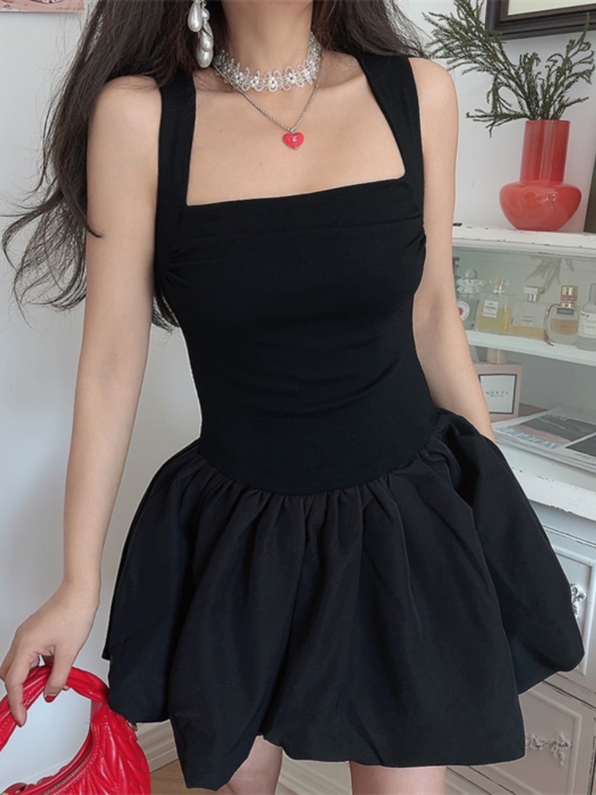 Handmade Black Slip Dress with Wide Shoulder Straps, Square Neckline, Waist-Cinching Design - Vacation Style, Slimming Fit Handmade Black Slip Dress with Wide Shoulder Straps, Square Neckline, Waist-Cinching Design - Vacation Style, Slimming Fit