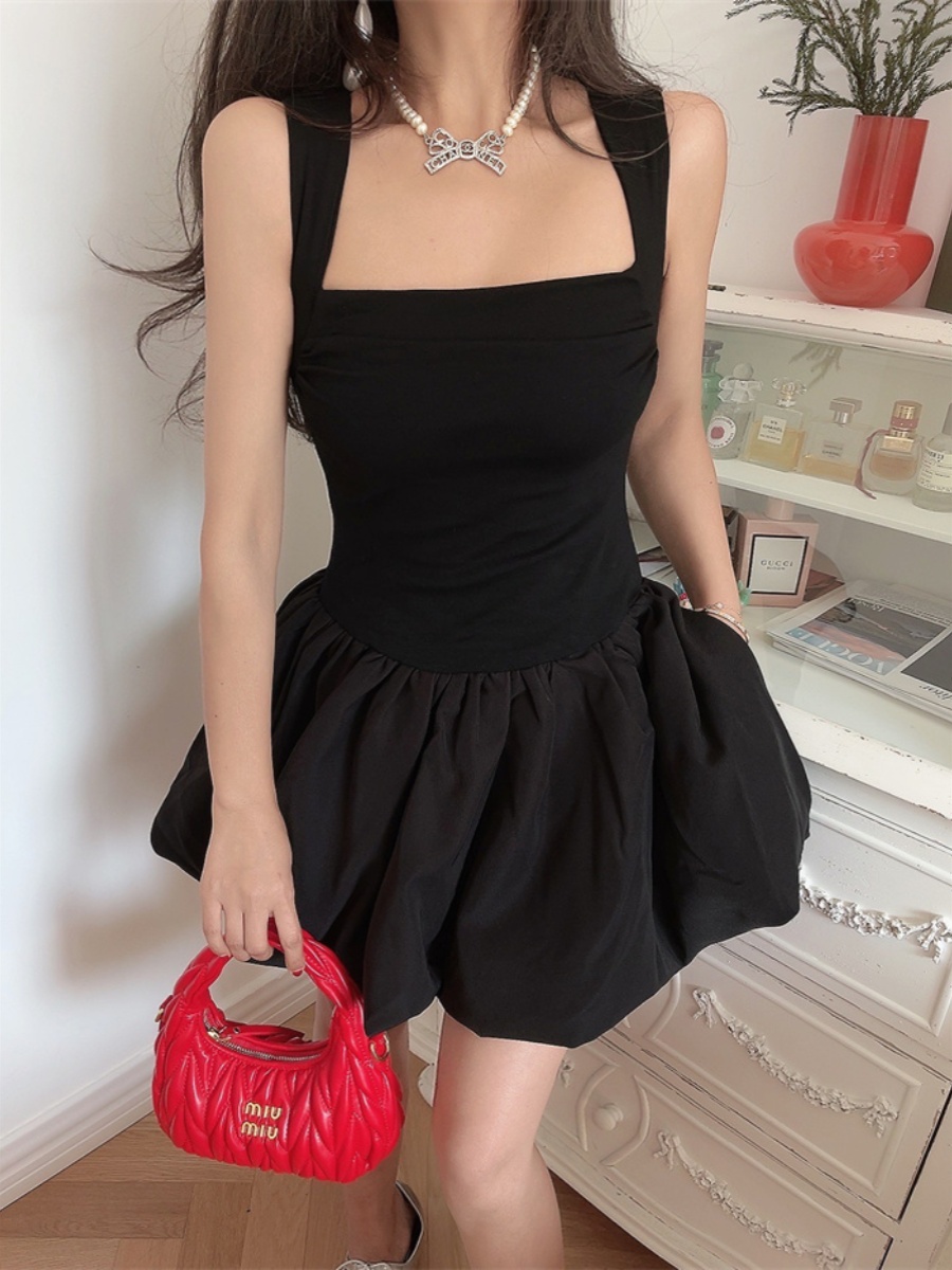 Handmade Black Slip Dress with Wide Shoulder Straps, Square Neckline, Waist-Cinching Design - Vacation Style, Slimming Fit Handmade Black Slip Dress with Wide Shoulder Straps, Square Neckline, Waist-Cinching Design - Vacation Style, Slimming Fit