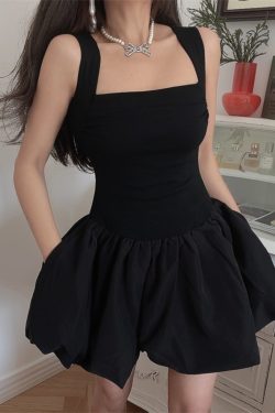 Handmade Black Slip Dress with Wide Shoulder Straps, Square Neckline, Waist-Cinching Design - Vacation Style, Slimming Fit