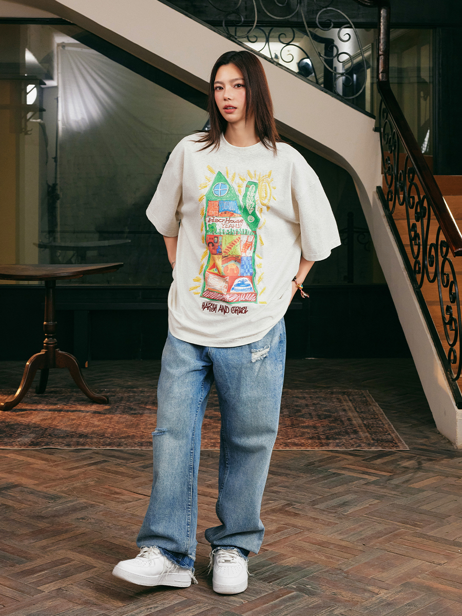 Handmade Children's Crayon Doodle House T-Shirt - Loose Fit, National Trend, Vintage Style, Perfect for Couples Handmade Children's Crayon Doodle House T-Shirt - Loose Fit, National Trend, Vintage Style, Perfect for Couples