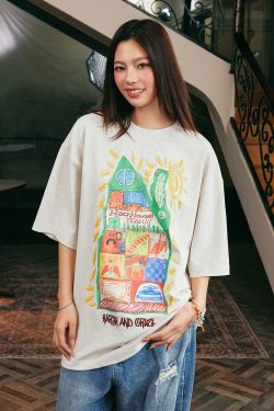 Handmade Children's Crayon Doodle House T-Shirt - Loose Fit, National Trend, Vintage Style, Perfect for Couples