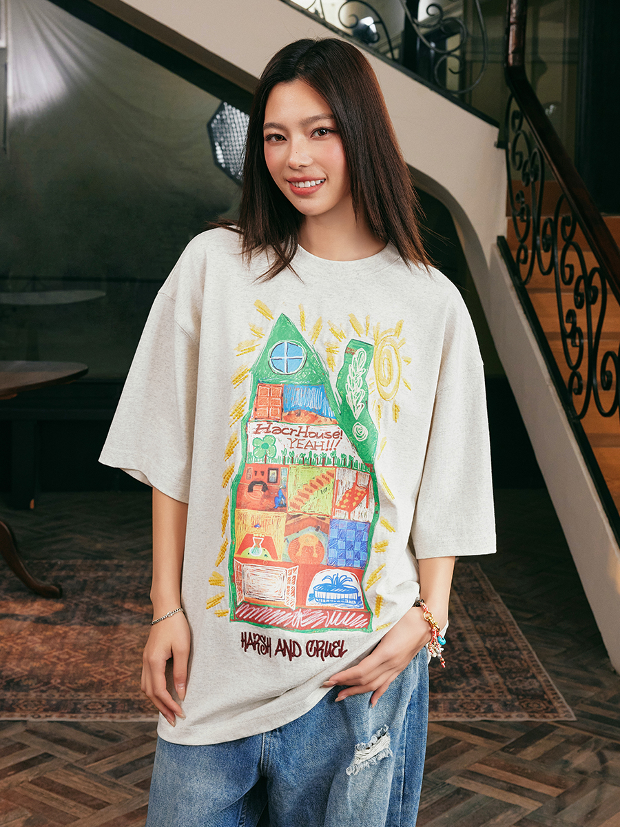 Handmade Children's Crayon Doodle House T-Shirt - Loose Fit, National Trend, Vintage Style, Perfect for Couples Handmade Children's Crayon Doodle House T-Shirt - Loose Fit, National Trend, Vintage Style, Perfect for Couples