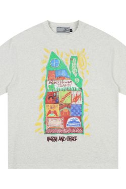 Handmade Children's Crayon Doodle House T-Shirt - Loose Fit, National Trend, Vintage Style, Perfect for Couples