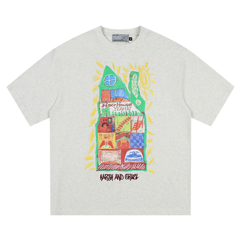 Handmade Children's Crayon Doodle House T-Shirt - Loose Fit, National Trend, Vintage Style, Perfect for Couples Handmade Children's Crayon Doodle House T-Shirt - Loose Fit, National Trend, Vintage Style, Perfect for Couples