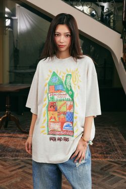 Handmade Children's Crayon Doodle House T-Shirt - Loose Fit, National Trend, Vintage Style, Perfect for Couples