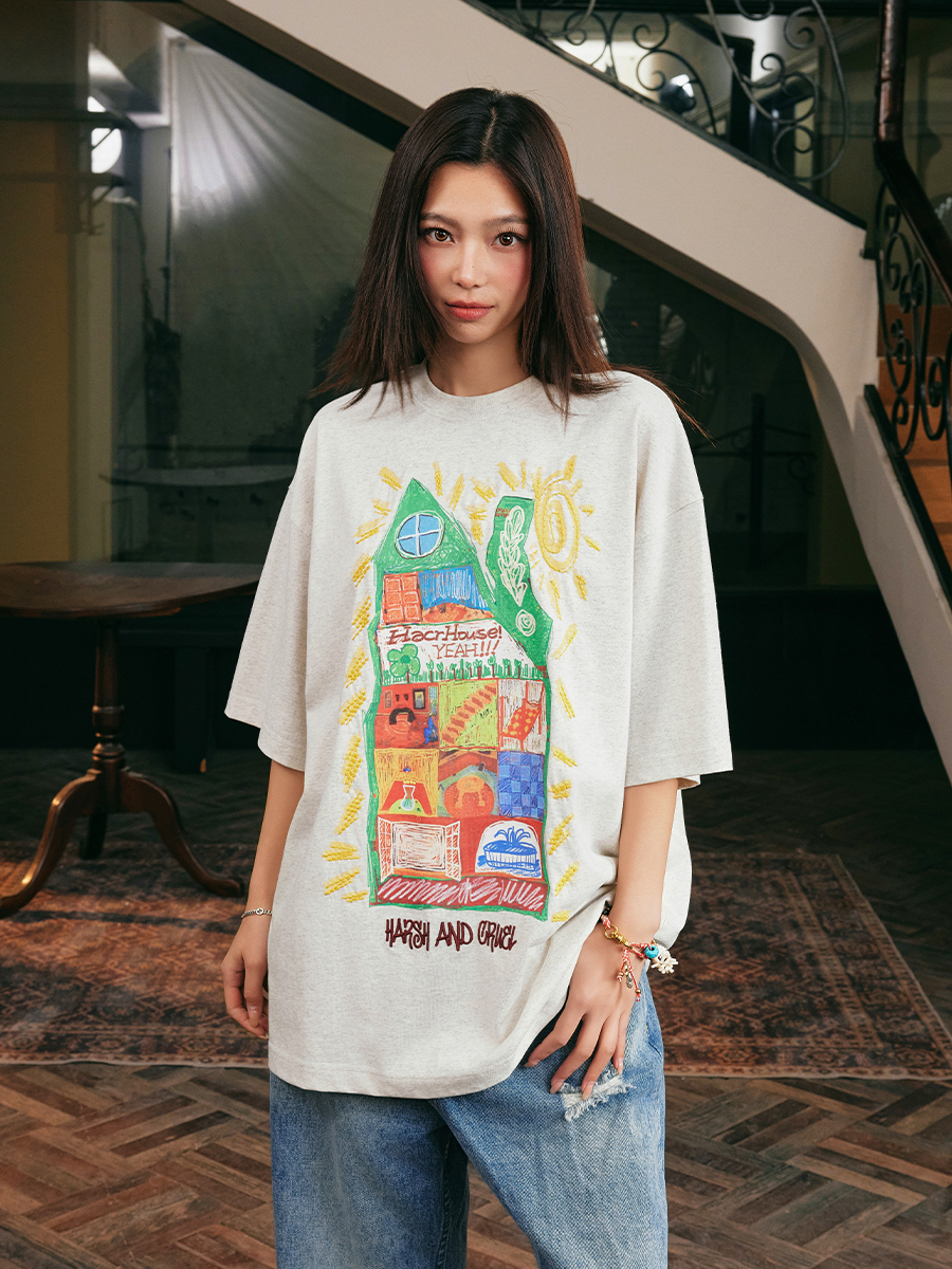 Handmade Children's Crayon Doodle House T-Shirt - Loose Fit, National Trend, Vintage Style, Perfect for Couples Handmade Children's Crayon Doodle House T-Shirt - Loose Fit, National Trend, Vintage Style, Perfect for Couples