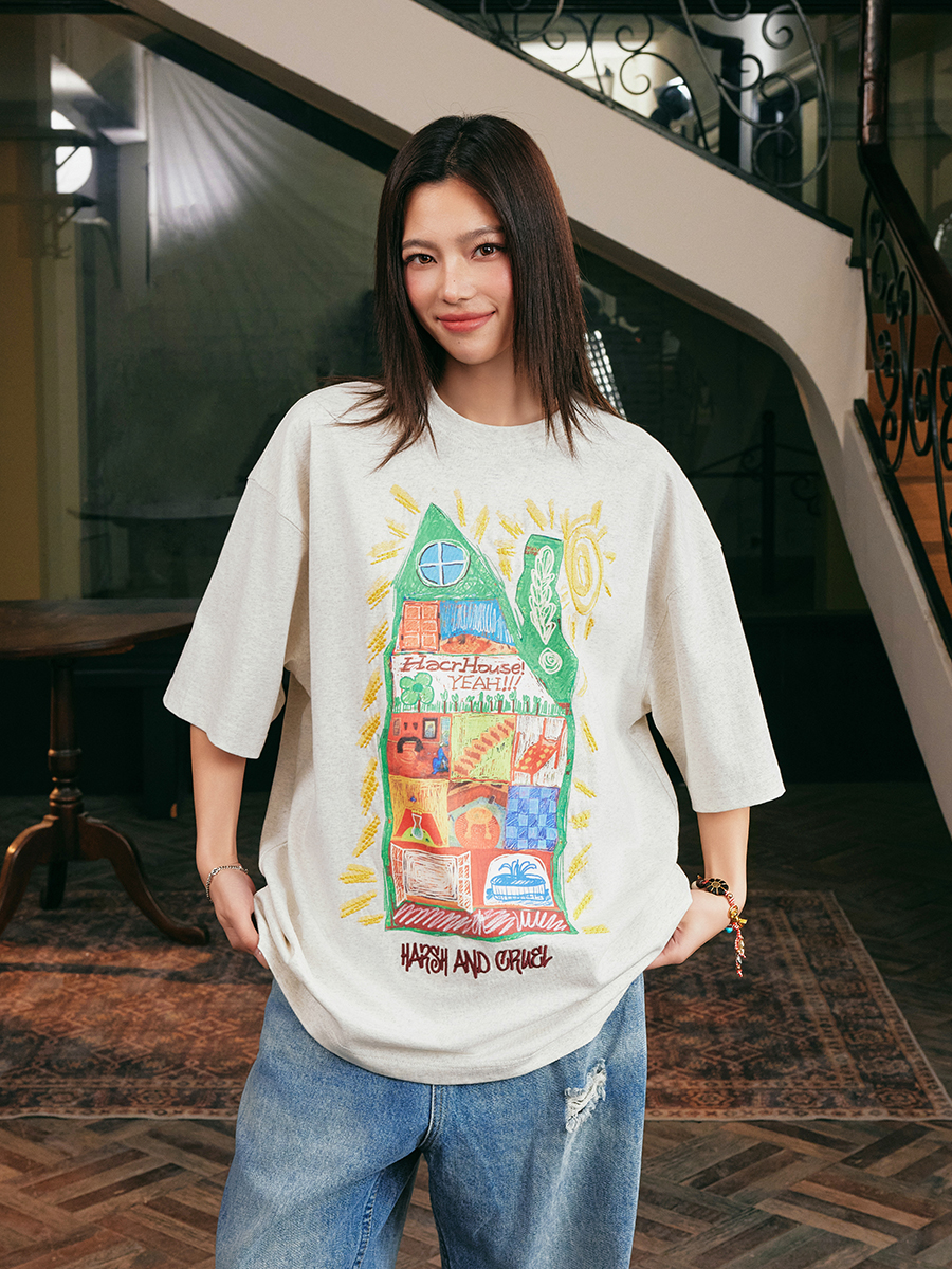 Handmade Children's Crayon Doodle House T-Shirt - Loose Fit, National Trend, Vintage Style, Perfect for Couples Handmade Children's Crayon Doodle House T-Shirt - Loose Fit, National Trend, Vintage Style, Perfect for Couples