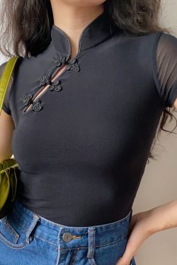 Handmade Chinese Style Qipao Top for Women, Retro Doll Button Design, Improved Short Sleeve Mesh, Vintage Chic Fashion