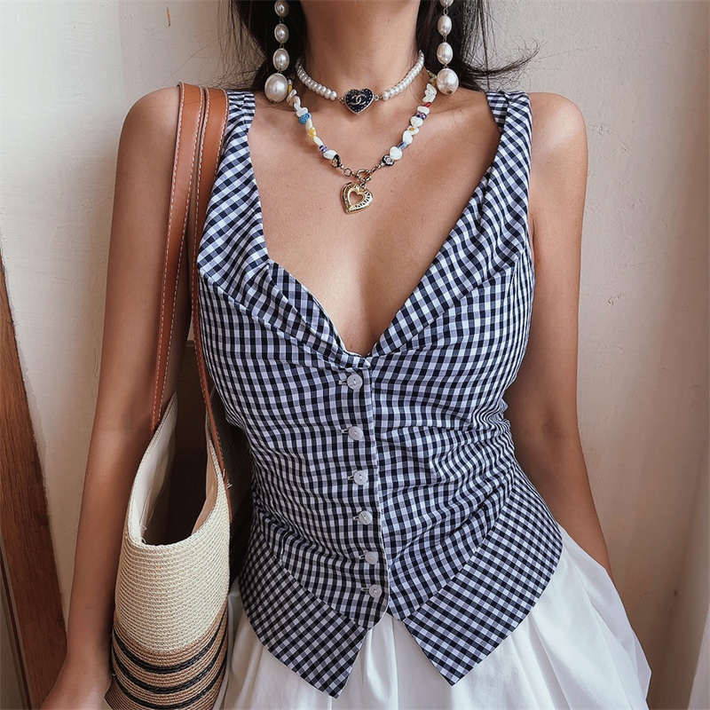 Handmade Deep V Checkered Slim-Fit Sleeveless Vacation Top - 2025 Spring/Summer Australia Style Handmade Deep V Checkered Slim-Fit Sleeveless Vacation Top - 2025 Spring/Summer Australia Style