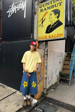 Handmade Floral Embroidery Denim Shorts for Men and Women, Straight-Leg Wide-Leg Casual Summer Capris, Y2K Style